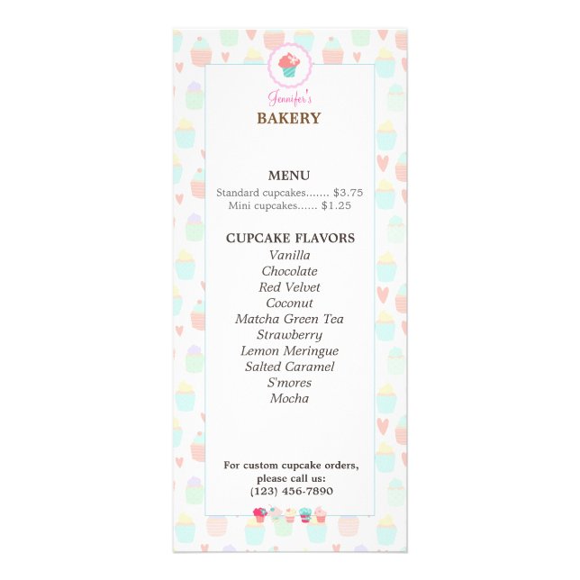 Cupcake Bakery Menu Rack Card PASTEL KAWAII (Front)