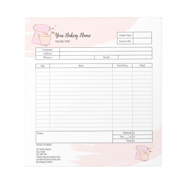 Cupcake Bakery Mixer Order Form Invoice  Notepad (Front)