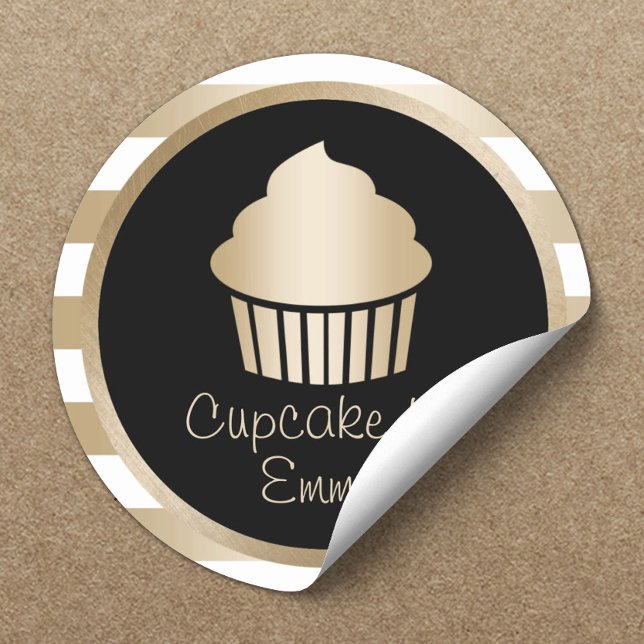 Cupcake Bakery Modern Gold Stripes Classic Round Sticker (Creator Uploaded)