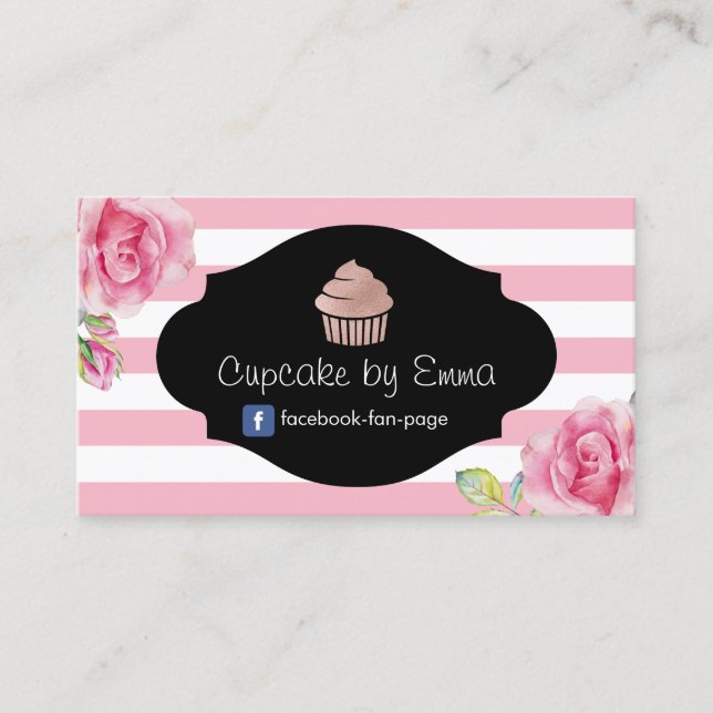 Cupcake Bakery Modern Pink Stripes Sweet Floral Business Card (Front)