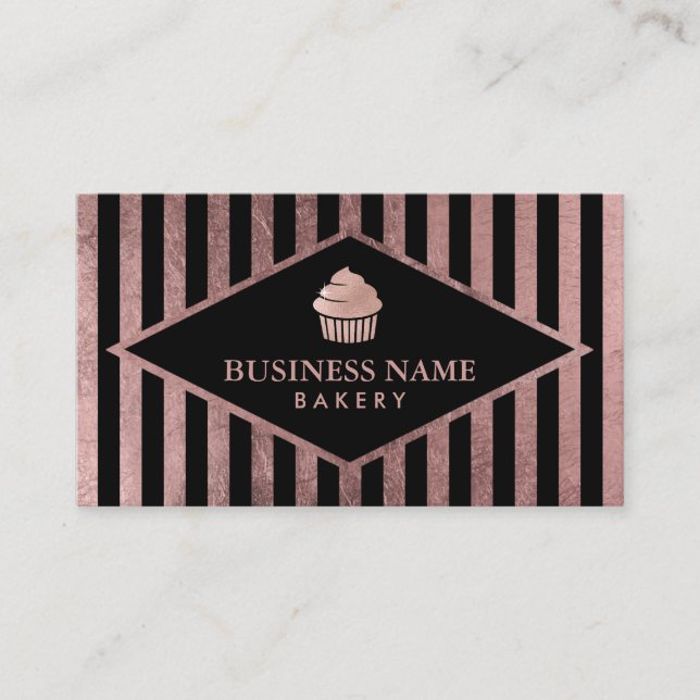Cupcake Bakery Modern Rose Gold & Black Stripes Business Card (Front)