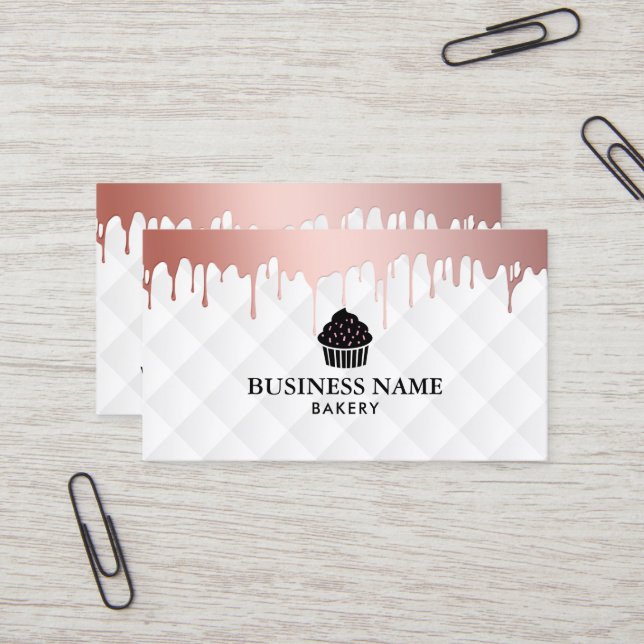 Cupcake Bakery Modern Rose Gold Drips Elegant Chef Business Card (Front/Back In Situ)