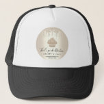 Cupcake Bakery Pastry Cafe Chic Gold Glitter Drips Trucker Hat<br><div class="desc">Present your best self to your clients, whenever your sport this elegant, sophisticated, simple, and modern custom name trucker hat. A sparkly, champagne gold ombre cupcake, script handwritten typography and glitter drips overlay a faux metallic champagne gold ombre circle background. Personalise with your full business name, business, website, phone number,...</div>