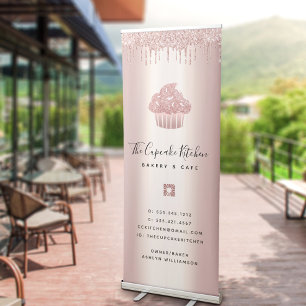 Cupcake Bakery Pastry Café Rose Gold Glitter Drips Retractable Banner