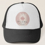 Cupcake Bakery Pastry Cafe Rose Gold Glitter Drips Trucker Hat<br><div class="desc">Present your best self to your clients, whenever your sport this elegant, sophisticated, simple, and modern custom name trucker hat. A sparkly, rose gold ombre cupcake, script handwritten typography and glitter drips overlay a faux metallic rose gold ombre circle background. Personalise with your full business name, business, website, phone number,...</div>