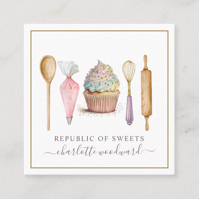 Cupcake Bakery Pastry Chef Baker's Utensils Square Business Card (Front)