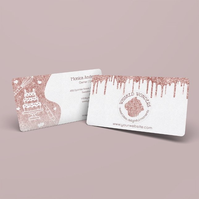 Cupcake Bakery Pastry Chef Glitter Drips Rose Gold Business Card (Pastry Cake Bakery Glitter Rose Gold Pink Drips Business Card)