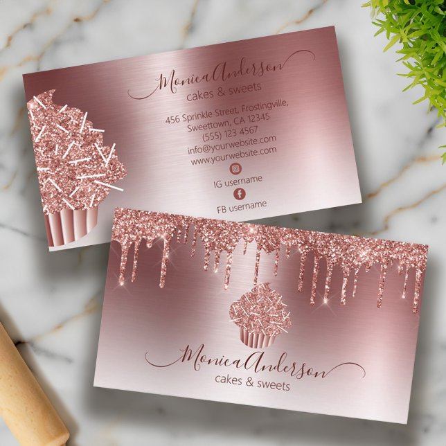 Cupcake Bakery Pastry Chef Glitter Drips Rose Gold Business Card (Cupcake Bakery Pastry Chef Glitter Drips Rose Gold Business Card)
