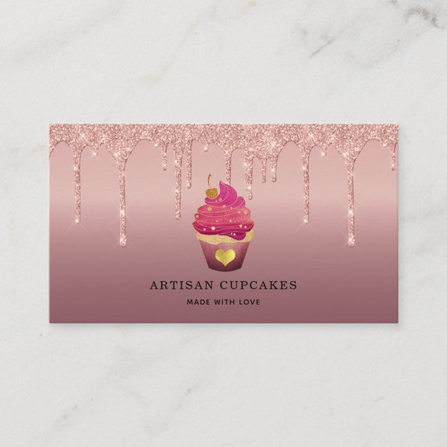 Cupcake Bakery Pastry Chef Glitter Drips Rose Gold Business Card (Front)