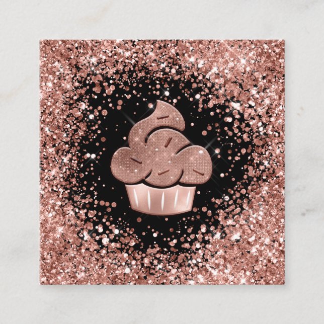 Cupcake Bakery Pastry Chef Glitter Drips Rose Gold Square Business Card (Front)