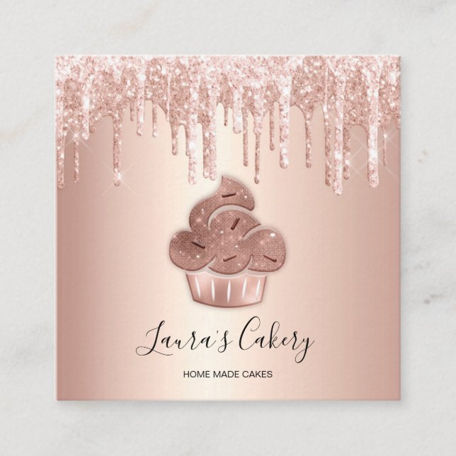 Cupcake Bakery Pastry Chef Glitter Drips Rose Gold Square Business Card (Front)