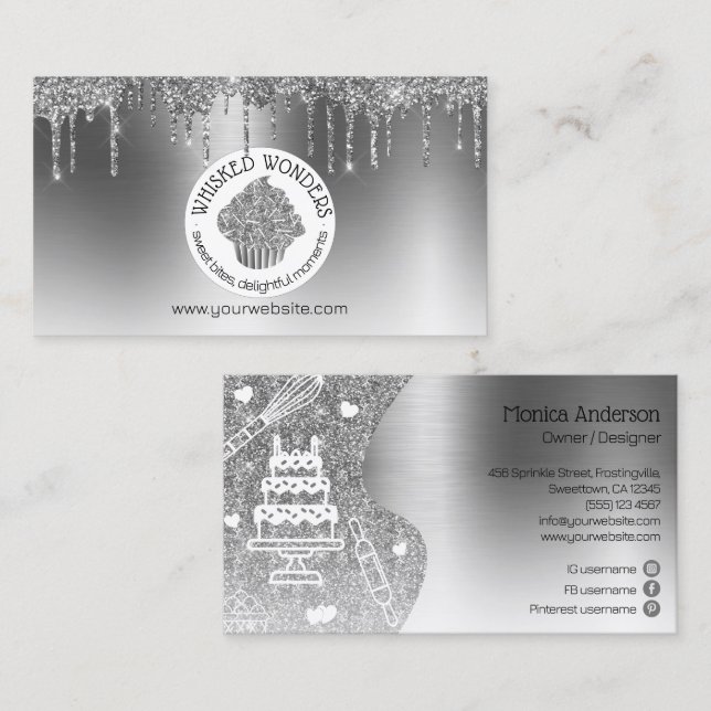Cupcake Bakery Pastry Chef Glitter Drips Silver Business Card (Front/Back)