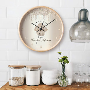 Cupcake Bakery Pastry Chef Gold Glitter Drips Chic Clock