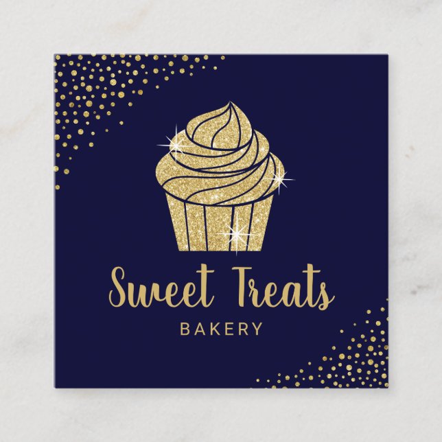 Cupcake Bakery Pastry Chef Modern Navy & Gold Square Business Card (Front)