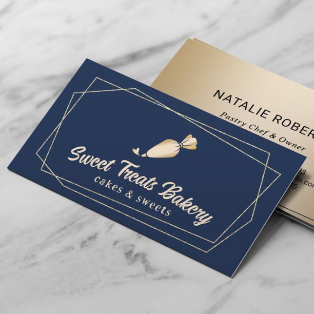 Cupcake Bakery Pastry Chef Navy Blue Gold Cake Business Card (Creator Uploaded)