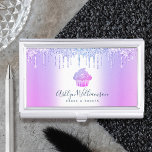 Cupcake Bakery Pastry Chef Purple Glitter Drips Business Card Holder<br><div class="desc">Here’s a wonderful, trendy way to show off your brand. Present your best self to your clients, with this elegant, sophisticated, simple, and modern custom name business card holder. A sparkly, purple pink blue ombre cupcake, script handwritten typography and glitter drips overlay a faux metallic purple blue ombre background. Personalise...</div>