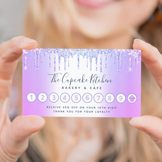 Cupcake Bakery Pastry Chef Purple Glitter Drips Loyalty Card (Creator Uploaded)
