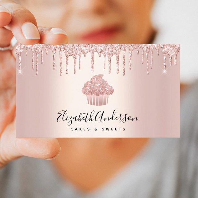 Cupcake Bakery Pastry Chef Rose Gold Glitter Drips Business Card (Creator Uploaded)