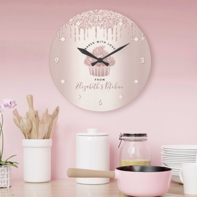 Cupcake Bakery Pastry Chef Rose Gold Glitter Drips Large Clock (Creator Uploaded)