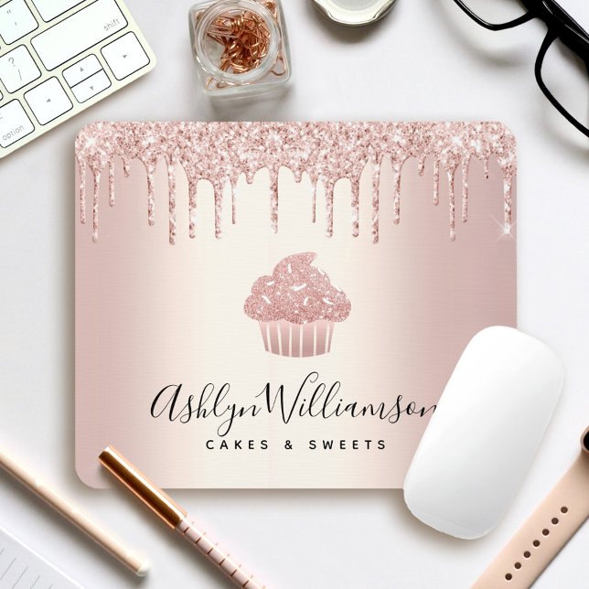 Cupcake Bakery Pastry Chef Rose Gold Glitter Drips Mouse Mat (Creator Uploaded)