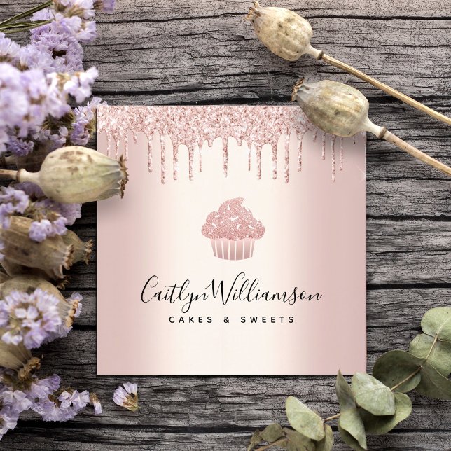Cupcake Bakery Pastry Chef Rose Gold Glitter Drips Square Business Card (Creator Uploaded)