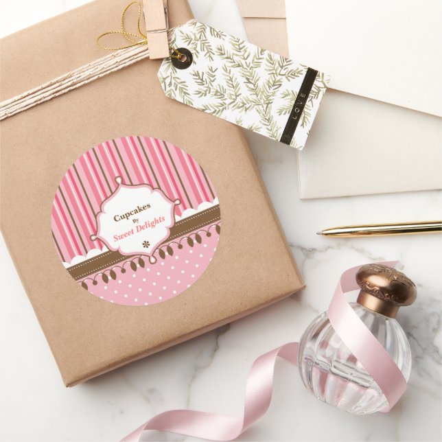 Cupcake Bakery Pink Polka Dots Classic Round Sticker (Gifting)