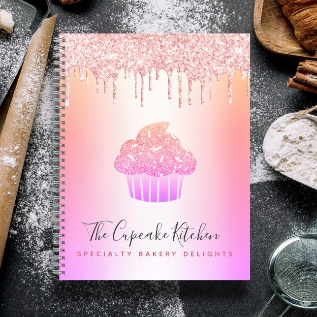 Cupcake Bakery Pink Rose Glitter Rainbow Ombre Notebook (Creator Uploaded)
