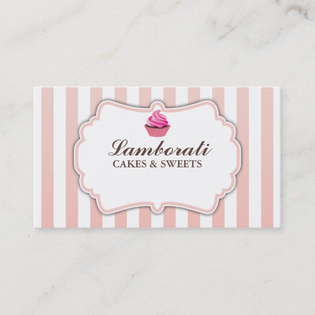 Cupcake Bakery Pink Stripes Cute Elegant Modern Business Card (Front)