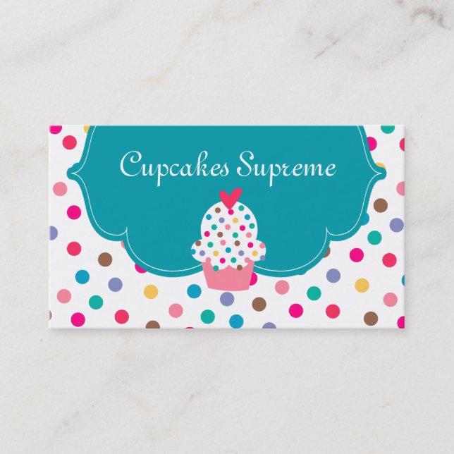 Cupcake Bakery Polka Dots Blue Heart Business Card (Front)
