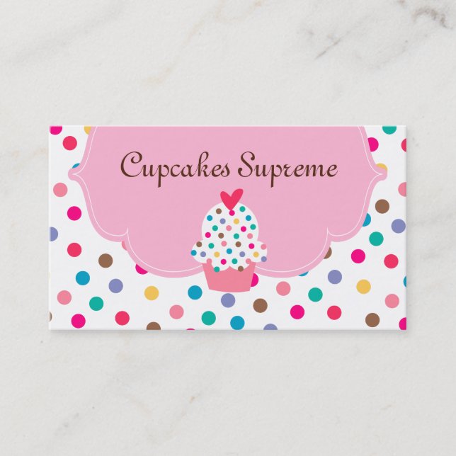 Cupcake Bakery Polka Dots Pink Heart Business Card (Front)