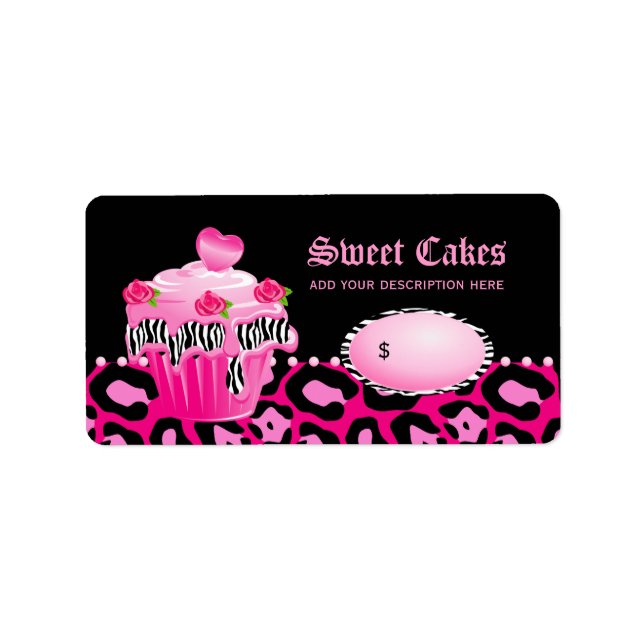 Cupcake bakery price label zebra rose pink black (Front)