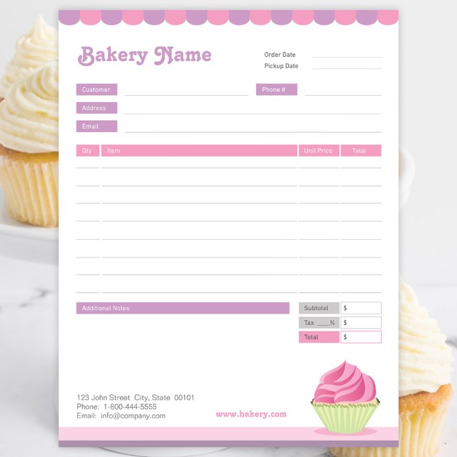 Cupcake Bakery Purple Pink Order Form Invoice Notepad (Creator Uploaded)