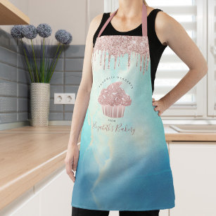 Cupcake Bakery Rose Gold Drips Blue Watercolor  Apron