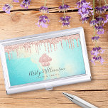 Cupcake Bakery Rose Gold Glitter Drips Turquoise  Business Card Holder<br><div class="desc">Here’s a wonderful, trendy way to show off your brand. Present your best self to your clients, with this elegant, sophisticated, simple, and modern custom name business card holder. A sparkly, rose gold cupcake, glitter drips, and handwritten typography overlay a turquoise blue and light gold watercolor background. Personalise with your...</div>