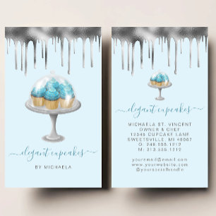 Cupcake Bakery Teal Faux Silver Foil Drip Business Card