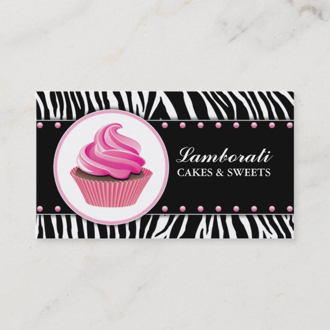 Cupcake Bakery Zebra Print Pink Elegant Modern Business Card (Front)
