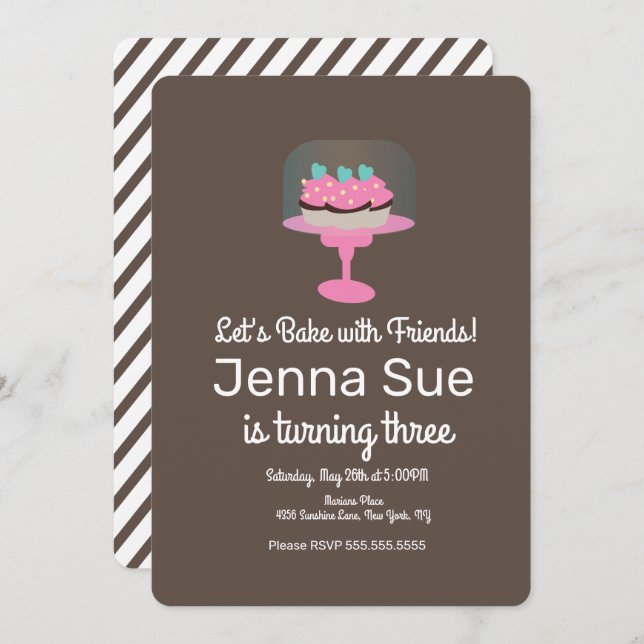 Cupcake Baking 3rd Birthday Party Cake Stand Invitation (Front/Back)