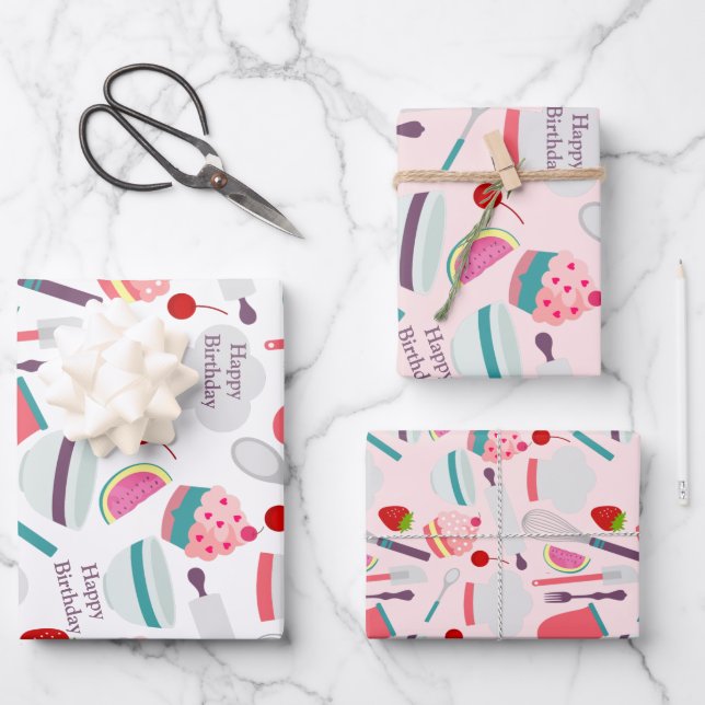 Cupcake Baking Pattern Pink Purple Wrapping Paper Sheet (Front)