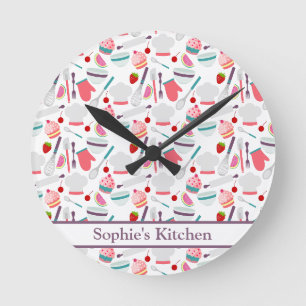 Cupcake Baking pattern Purple Round Clock