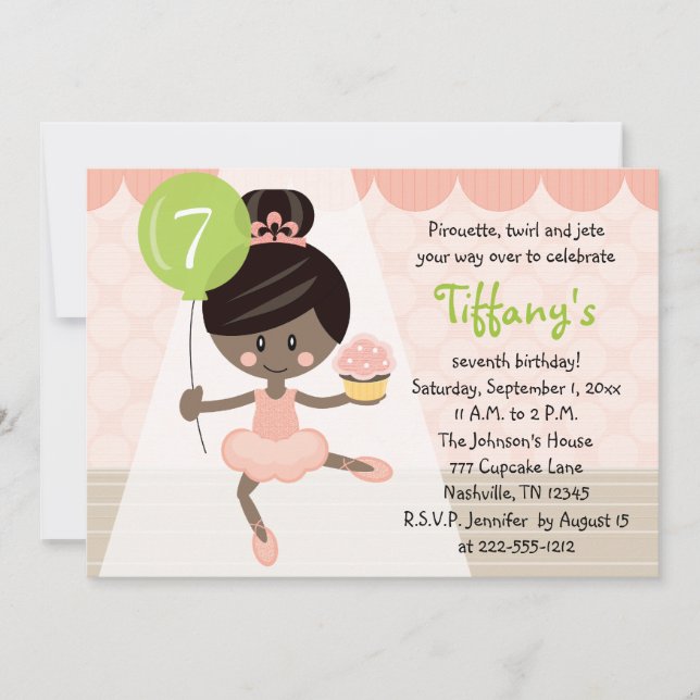 Cupcake Ballerina Birthday Invitation African Amer (Front)