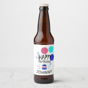 Cupcake & Balloons Happy Birthday Text - Beer Bottle Label