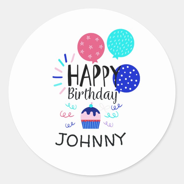 Cupcake & Balloons Happy Birthday Text  - Classic Round Sticker (Front)