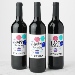 Cupcake & Balloons Happy Birthday Text - Wine Label
