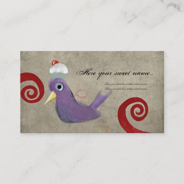 Cupcake bird dove purple red swirl business card (Front)