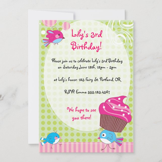 Cupcake Birdie Birthday Invites (Front)