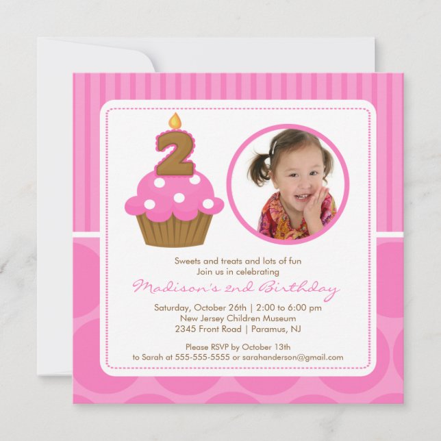 Cupcake Birthday Invitation 2nd Birthday Pink (Front)