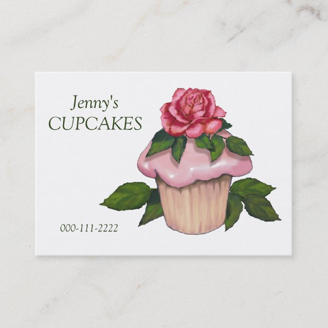 Cupcake Business, Baking, Pink Icing, Pink Rose Business Card (Front)