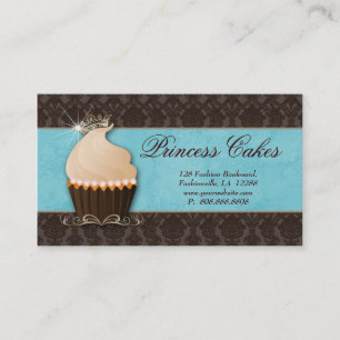Cupcake Business Card Crown Blue Brown Damask