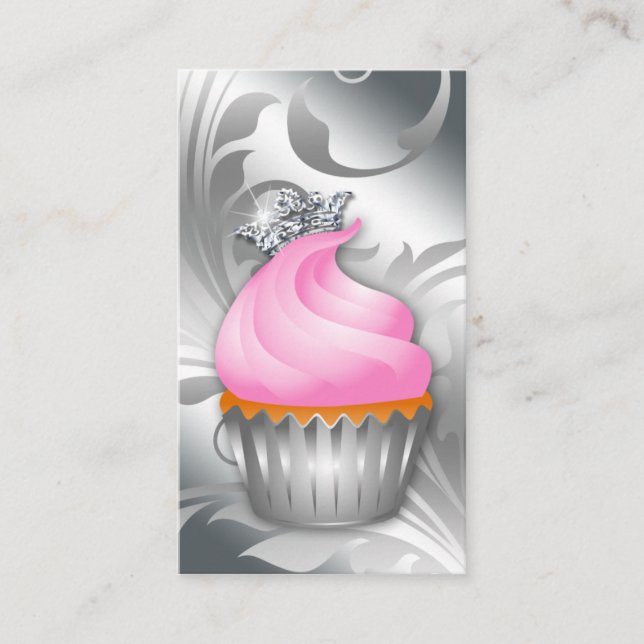 Cupcake Business Card Crown Classy Silver Pink 2 (Front)
