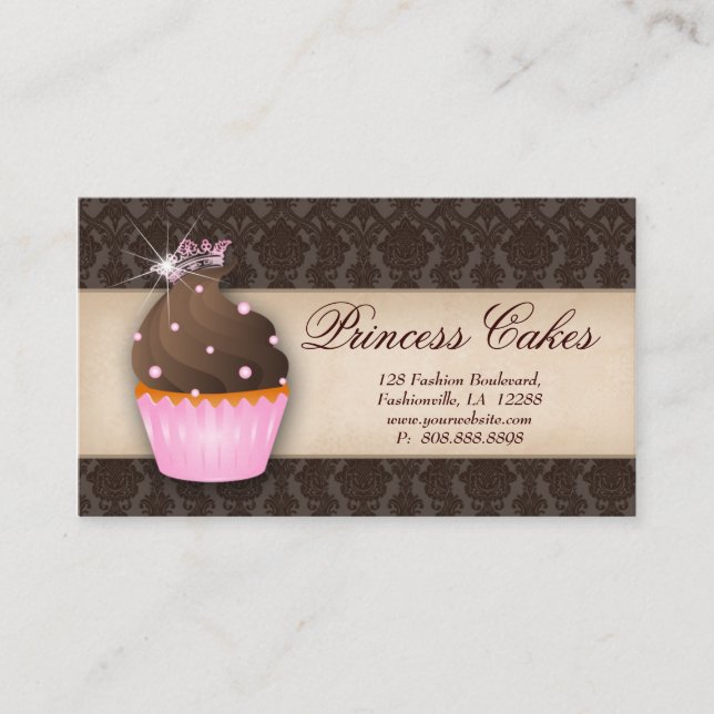 Cupcake Business Card Crown Pink Brown Dots (Front)